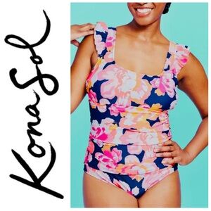 Kona Sol Swimsuit Floral One Piece Pink Blue NWT 16 beach cruise resort vacation